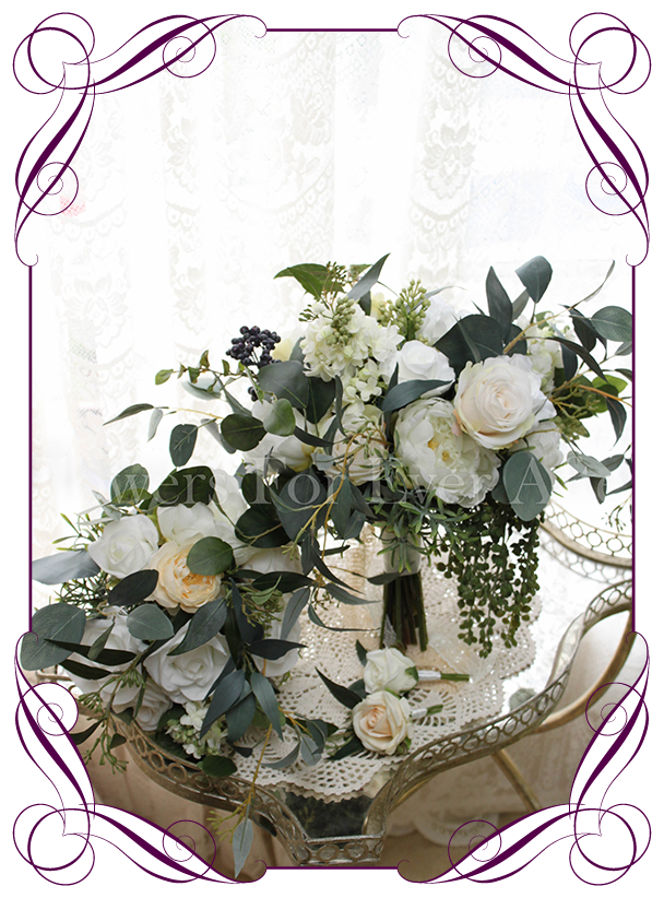 Georgia silk artificial bridal bouquet posy package set white roses Australian native foliage navy blue berries rustic